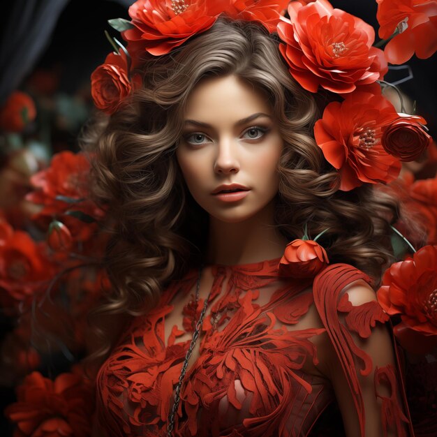 um modelo com um vestido de flores vermelhas e uma flor vermelha na cabeça