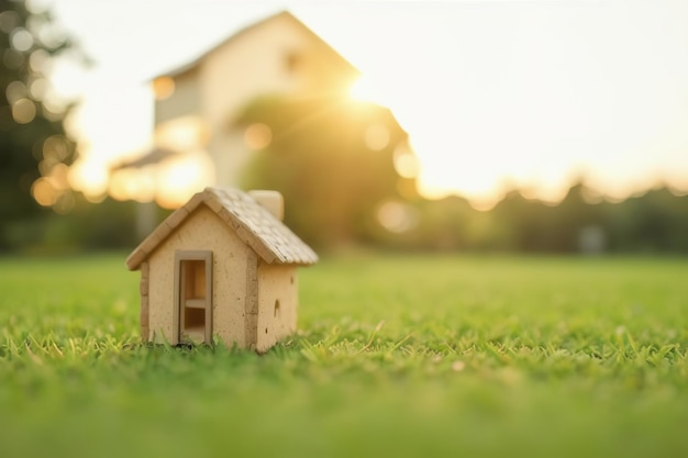 Um modelo de casas de madeira em miniatura na grama na luz de fundo do pôr do sol Generative AI