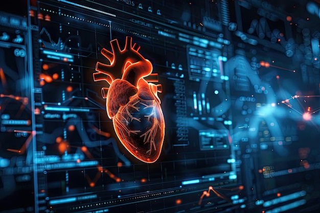 Um modelo de coração 3D intrincado e brilhante dentro de uma interface futurista que simboliza a tecnologia de diagnóstico e monitoramento cardiovascular de ponta. Interface de tecnologia cardíaca 3D