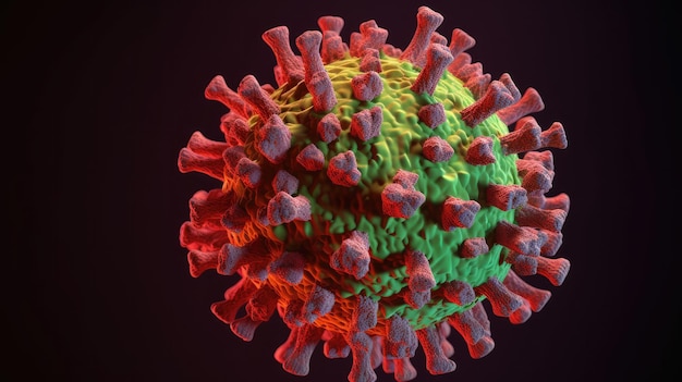 Um modelo de coronavírus é mostrado nas cores vermelho, verde e laranja.