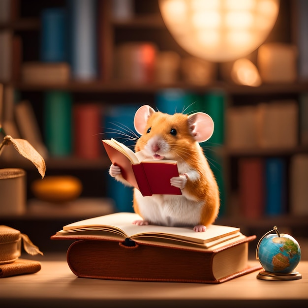 Um modelo de hamster vestido de professor está lendo um livro. é um livro infantil sobre um hamster que