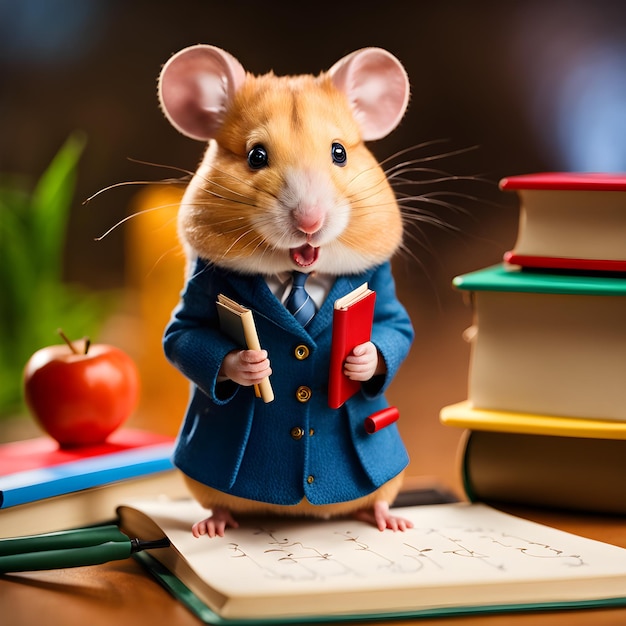Um modelo de hamster vestido de professor está lendo um livro. É um livro infantil sobre um hamster que
