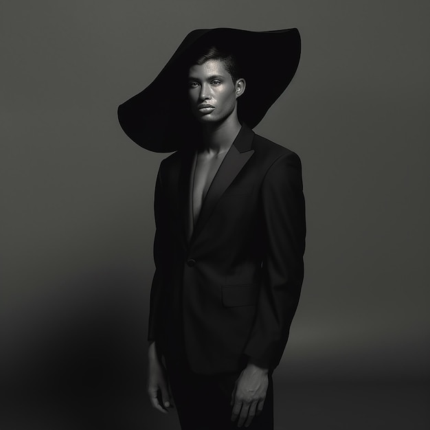 Um modelo de moda em look escuro e modelo de design de terno masculino