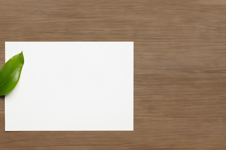 Foto um modelo de papel branco harmoniosamente adornado com uma folha fresca revelando uma fusão delicada