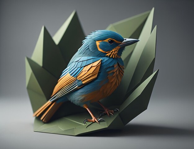 Um modelo de papel de um pássaro azul com asas laranja e azuis sobre um fundo frondoso.