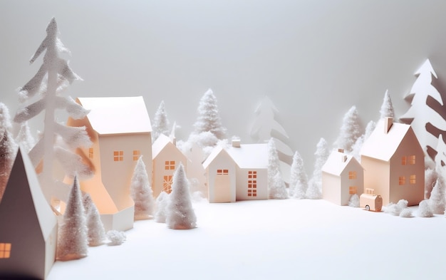 Um modelo de papel de uma casa com uma paisagem de neve e uma árvore em primeiro plano.