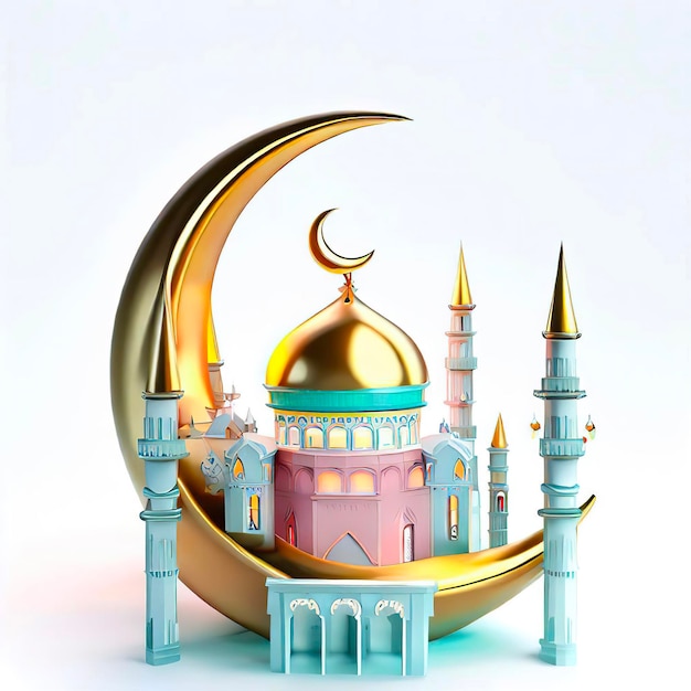 Um modelo de papel de uma mesquita com uma lua crescente sobre ele.