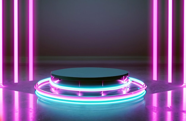 Um modelo de pódio para publicidade de produtos com fundo abstrato e neon