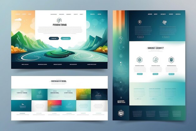 Um modelo de site de página e diferentes projetos de cabeçalho com fundos desfocados