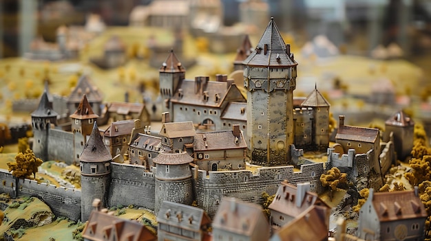 Um modelo de um castelo medieval com muros, torres e casas feitas de pedra O castelo está situado em uma colina e cercado por árvores