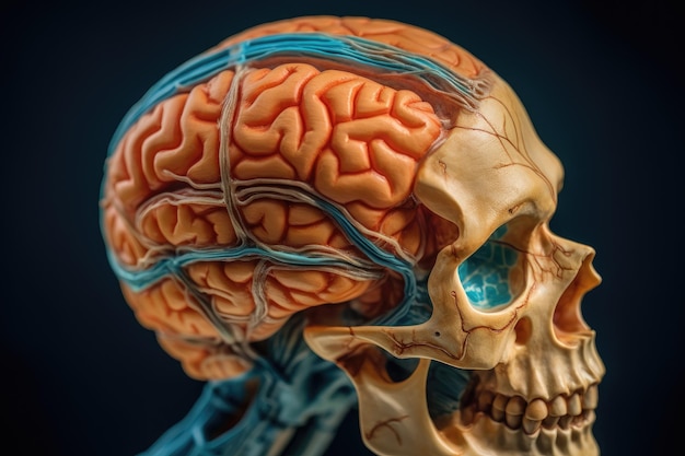 Um modelo de um crânio humano com o cérebro rotulado como o cérebro.