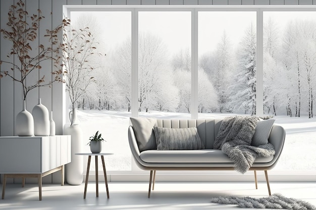 Um modelo de um elegante quarto branco com um sofá e uma cena de inverno fora do design de interiores de inspiração escandinava