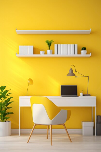 Um modelo de um interior de escritório colorido com uma mesa branca elegante uma cadeira amarela vibrante e prateleiras de parede minimalistas