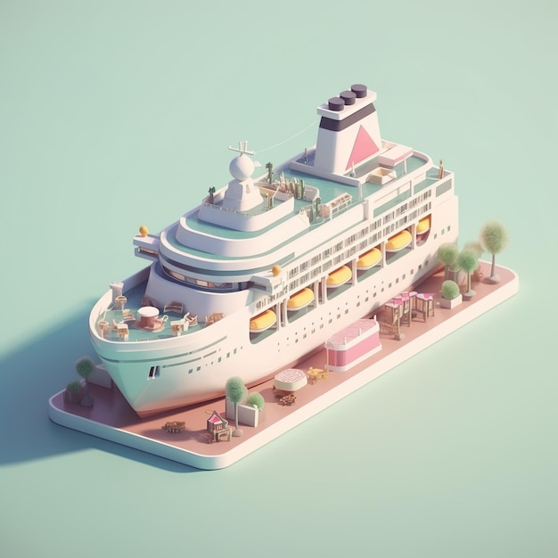 Um modelo de um navio de cruzeiro com uma pequena ilha ao fundo.