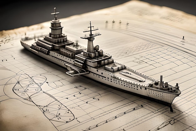 Foto um modelo de um navio é mostrado em um pedaço de papel.