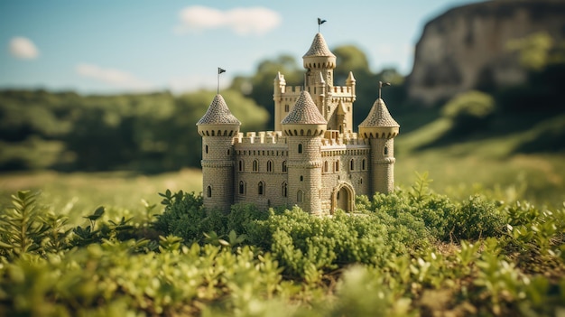 Foto um modelo de um pequeno castelo em grama verde