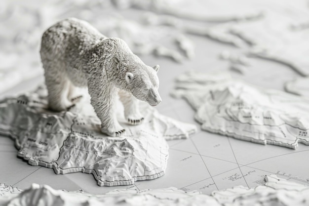 Foto um modelo de um urso polar em uma geleira contra o fundo de um mapa derretendo geleiras