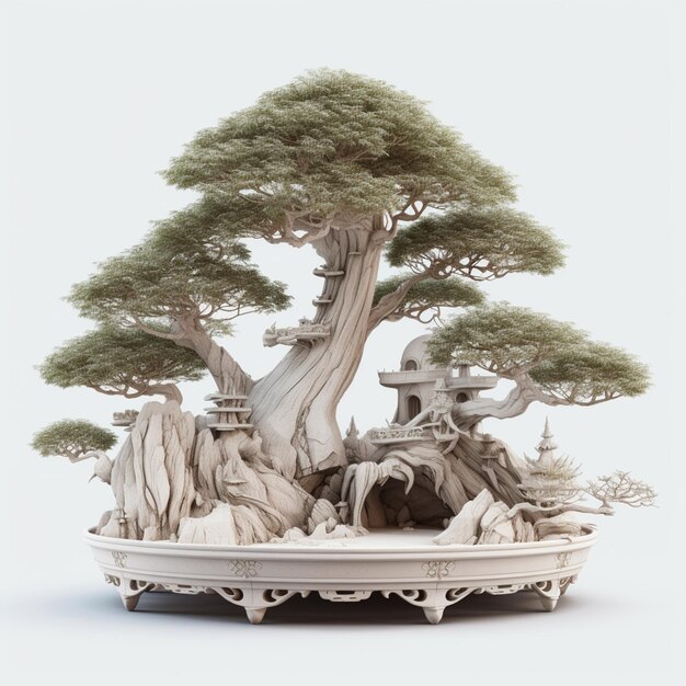 Foto um modelo de uma árvore de bonsai com uma base de pedra.