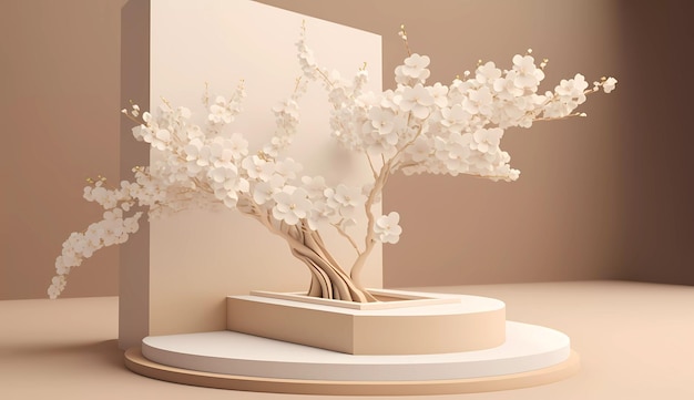 Um modelo de uma árvore em um vaso com uma flor branca.