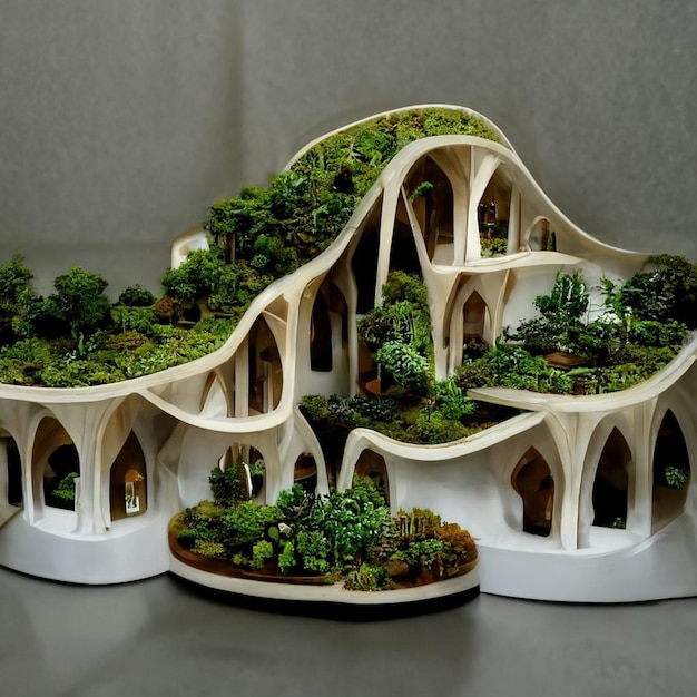 Um modelo de uma casa com um jardim no telhado