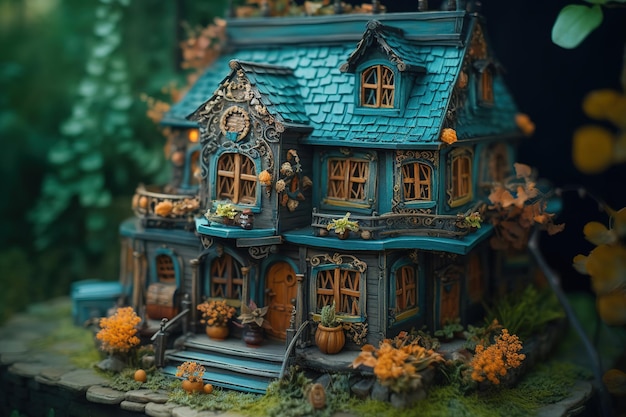 um modelo de uma casa com um relógio preso ao telhado