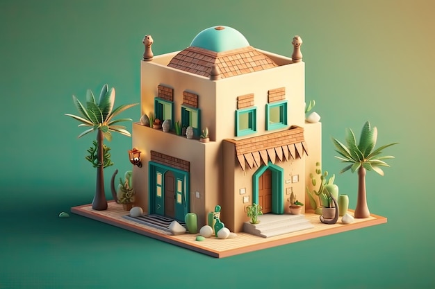 Um modelo de uma casa com um telhado azul e um telhado verde.