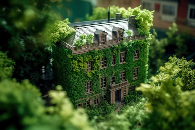 Um modelo de uma casa com videiras verdes e plantas ao redor