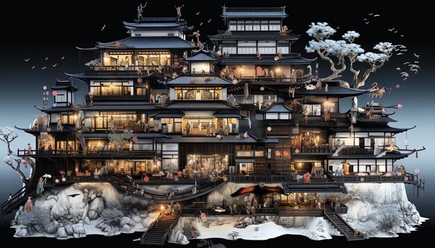 Foto um modelo de uma casa japonesa de estilo japonês com um telhado coberto de neve