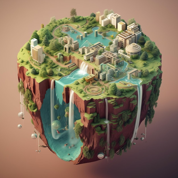 Um modelo de uma cidade com uma cachoeira e uma cachoeira.