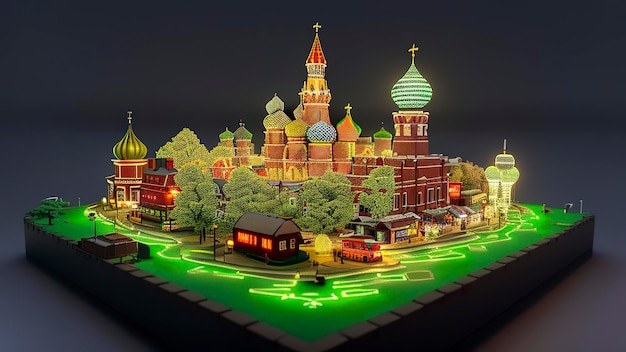 Um modelo de uma cidade com uma luz verde que diz Moscou nela.