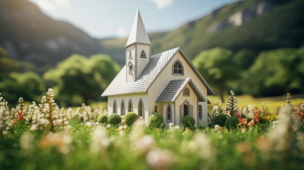 Foto um modelo de uma pequena igreja em grama verde