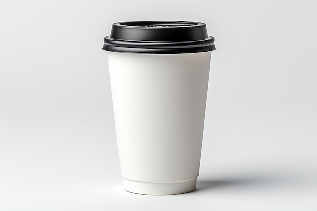 Um modelo de xícara de café de papelão com fundo branco minimalista