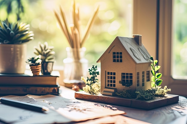 Um modelo detalhado de casa em miniatura posicionado sobre plantas arquitetônicas sugerindo planejamento ou conceitos imobiliários com uma luz de fundo quente