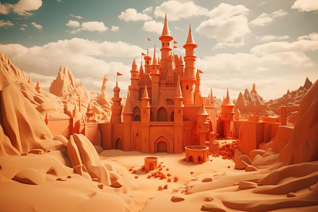 Foto um modelo dimensional detalhado de um castelo imaginário no deserto no estilo de laranja claro e vermelho