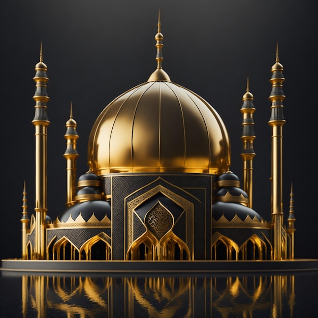 Um modelo dourado e preto de uma mesquita com uma grande cúpula e um pequeno número 1 no topo.