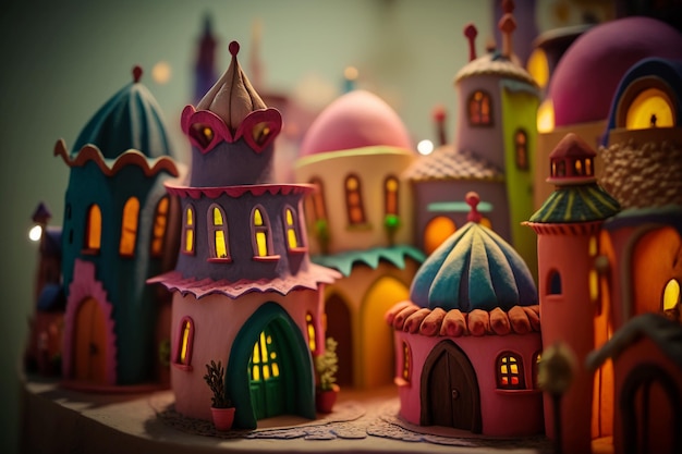 Um modelo em miniatura de um castelo com telhado rosa e cúpula azul.