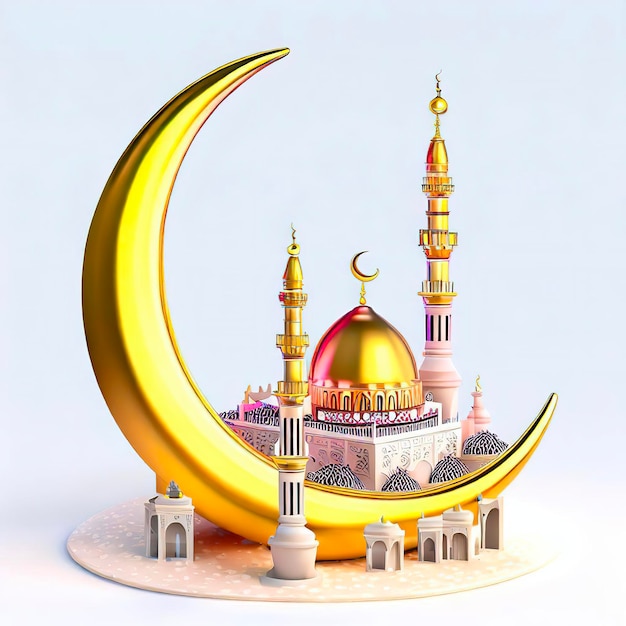 Um modelo em miniatura de uma mesquita com uma cúpula de ouro e uma lua.