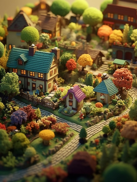 Um modelo em miniatura de uma pequena cidade com uma casa e árvores.