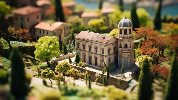 Um modelo em miniatura de uma pequena cidade com uma igreja no centro.