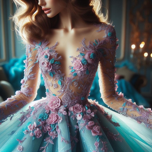 um modelo em um vestido azul com flores na parte de baixo