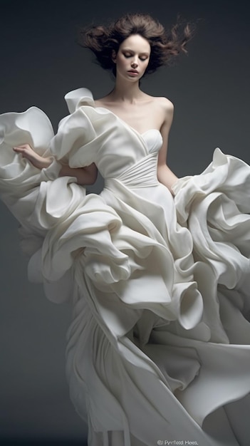 Um modelo em um vestido branco com babados e babados grandes na parte inferior.