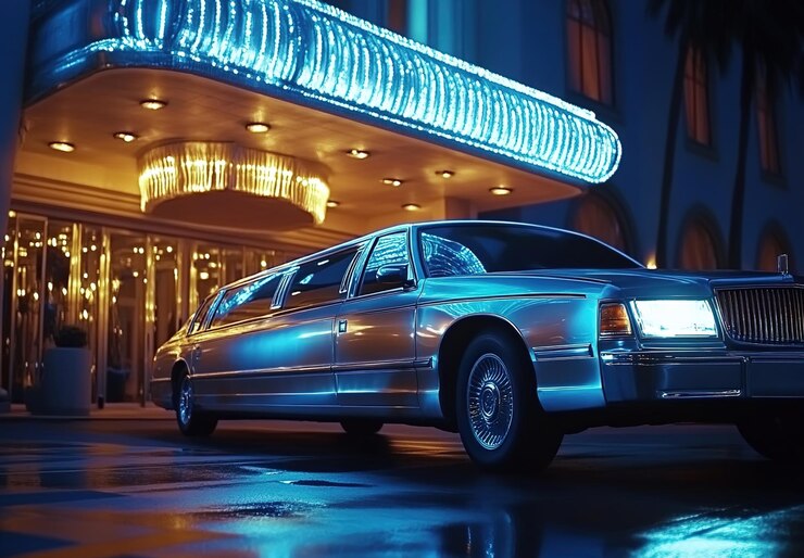 Foto um modelo futurista 2057 de prata e ouro brilhante da limusine lincoln cadillac está estacionado na frente