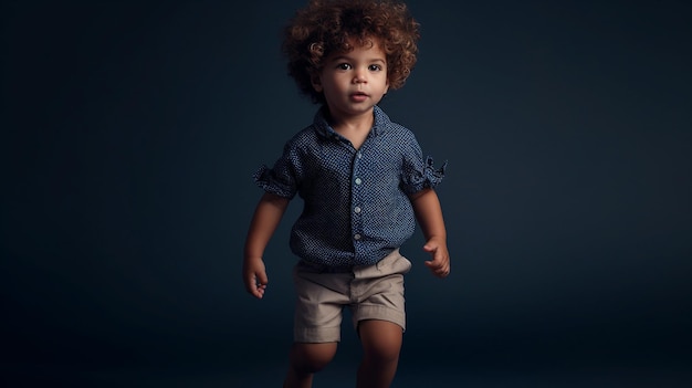 Um modelo infantil elegante fica em um estúdio olhando diretamente para a câmera