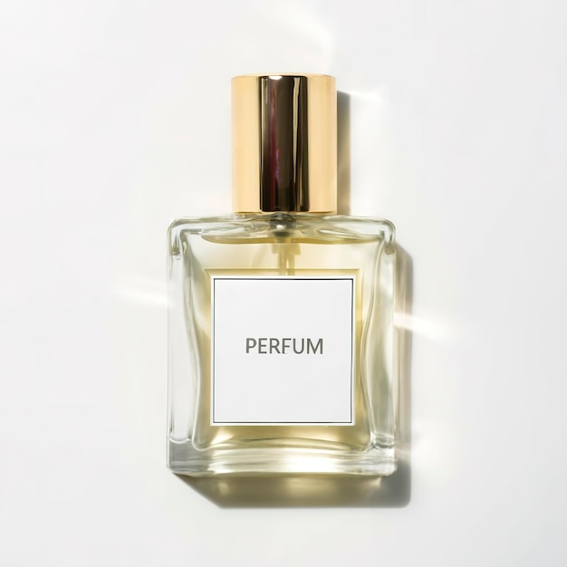 Foto um modelo limpo de uma garrafa de perfume com rótulo isolado em um fundo branco