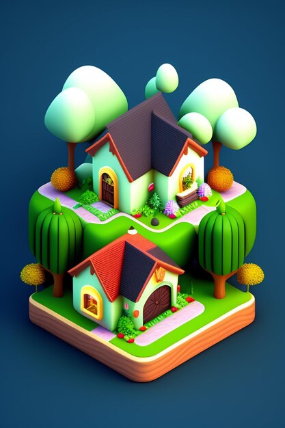 Um modelo low poly de uma casa com telhado vermelho e telhado verde.