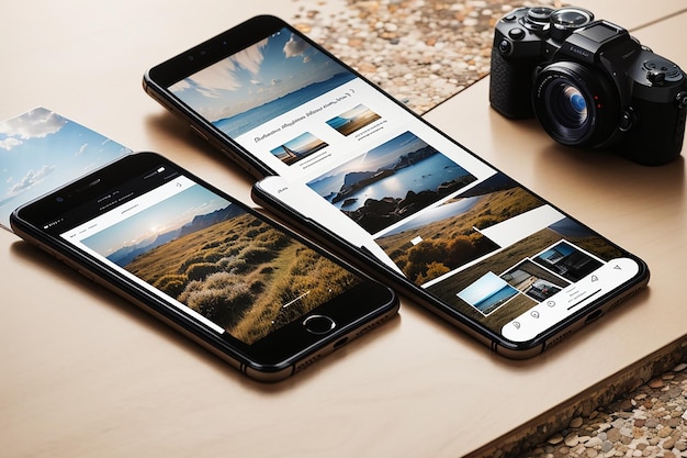 um modelo para um site de fotografia com smartphones orientados para a paisagem exibindo aplicativos de câmera e edição de fotos