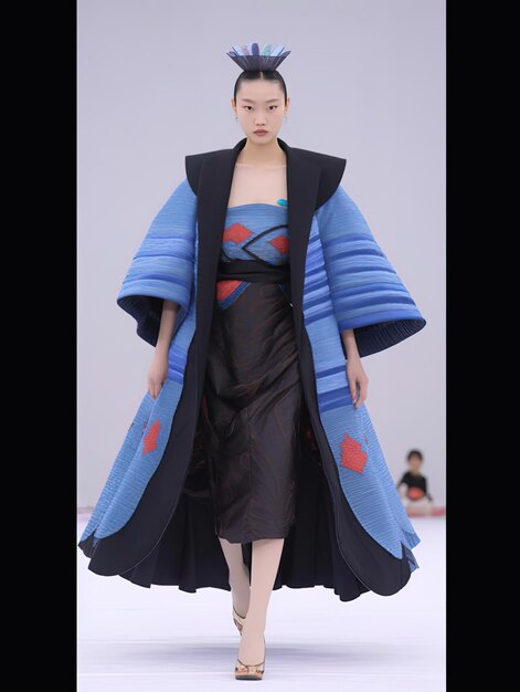 Foto um modelo usa um kimono com um kimono azul e vermelho