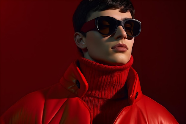 Um modelo usa uma jaqueta vermelha e óculos de sol
