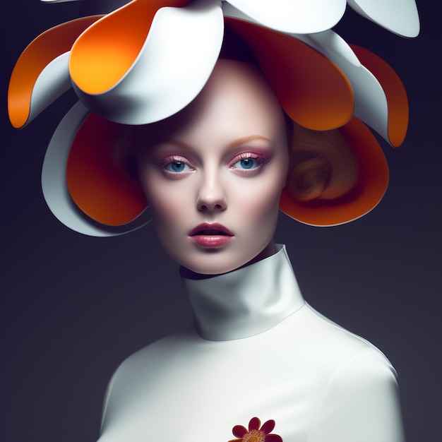 Um modelo usando um chapéu com uma flor nele