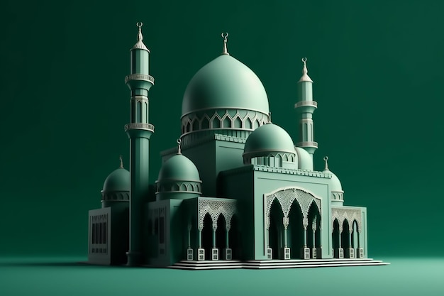 Um modelo verde de uma mesquita com uma cúpula azul e um fundo verde.